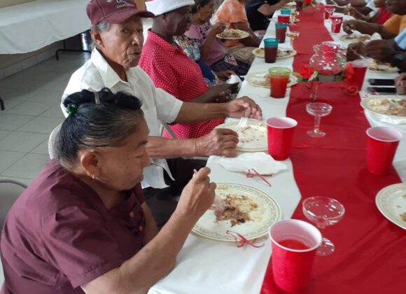 Elders sharing a festive meal at long decorated tables